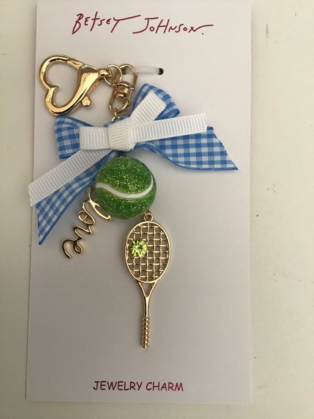 Betsey Johnson New Tennis Racket, Green Ball and Bows Jewelry Charm